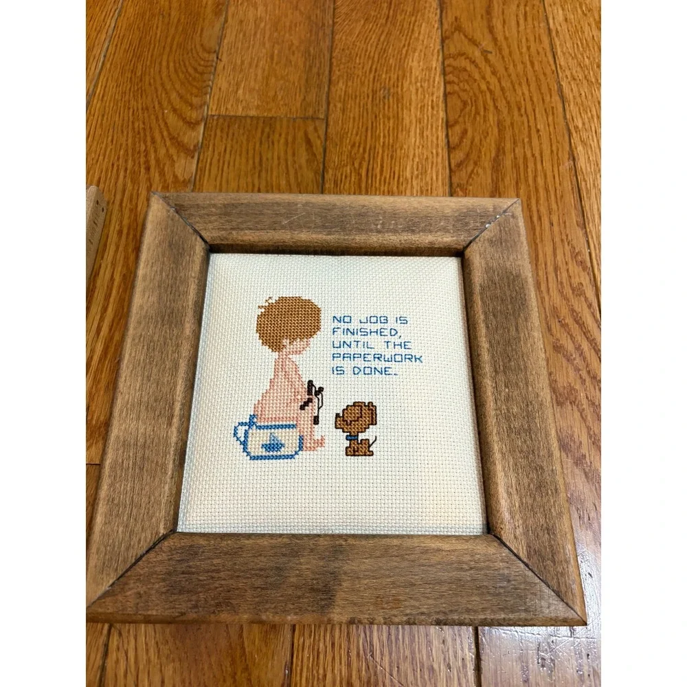 Lot‎ of 3 Vintage Framed Cross Stitch Art Bathroom Humor Toddler Dog